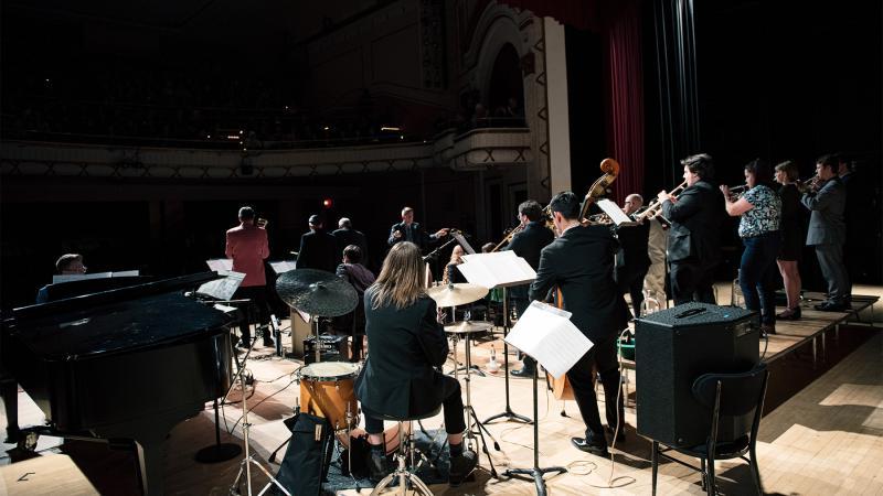 Students playing at the Jazz Festival on the Belle Mehus stage.